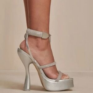 Cult Gaia Silver Elodie Platform Rhinestone Heel Sandals Size 40.5